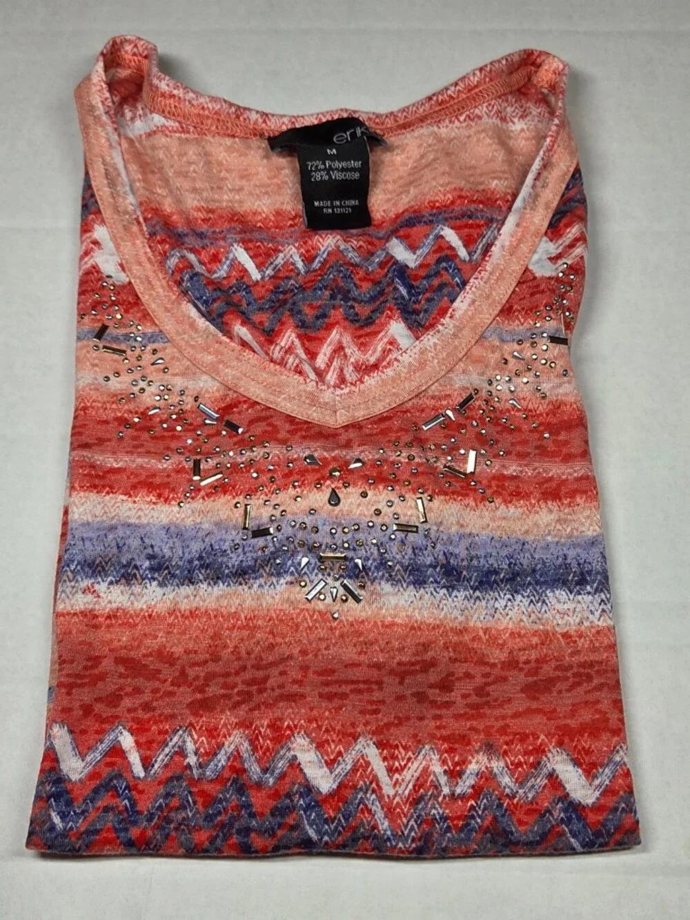 Erika‎ Striped Knit Top Orange Blue White Rhinestone V-Neck Short Sleeve Medium
